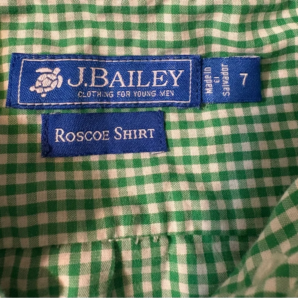 J. Bailey Roscoe Dress Shirt Boys SZ 7 Kelly green gingham check pattern cotton‎